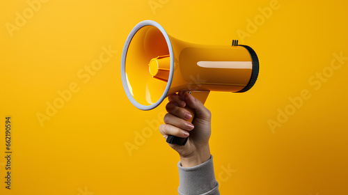 Hand holding a megaphone on a yellow background with copy space