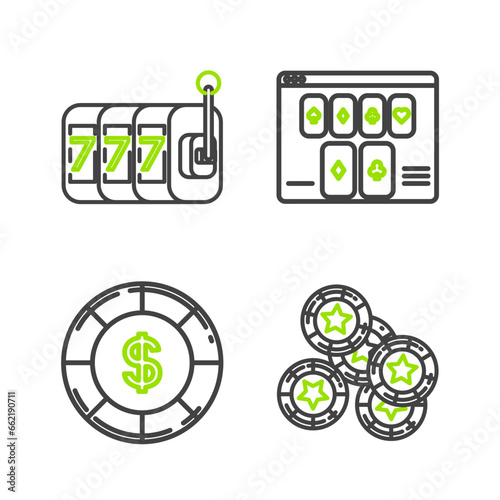 Set line Casino chips, with dollar symbol, Online poker table game and Slot machine lucky sevens jackpot icon. Vector