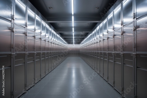 Steel cells refrigerators where the deceased are kept in the morgue. Generative Ai photo