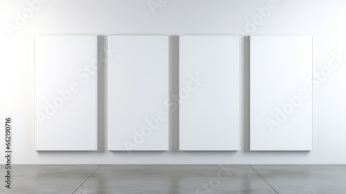 Four white blank canvas on a white stone wall and grey stone floor created with Generative AI