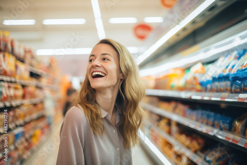 Happy young woman shopping in the supermarket. Generative Ai
