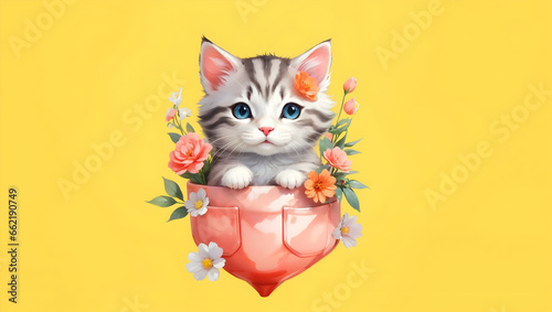Cute cat is in a pocket on a yellow background © SeptianHadi