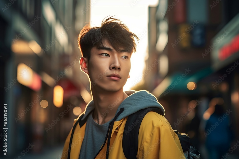 Fototapeta premium Korean male model on street. Asian fashion handsome guy in illuminated street. Generate ai