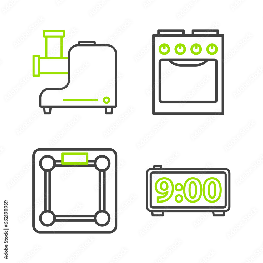 Set line Digital alarm clock, Bathroom scales, Oven and Kitchen meat grinder icon. Vector Set line Digital alarm clock, Bathroom scales, Oven and Kitchen meat grinder icon. Vector