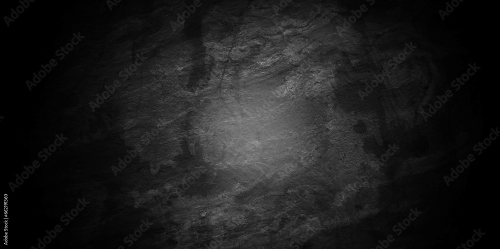 Black stone wall texture grunge rock surface. dark gray concrete background backdrop. wide panoramic banner. old wall stone for dark black distressed grunge background wallpaper rough concrete wall. - obrazy, fototapety, plakaty 