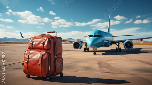 Suitcase in front of the plane at the airport, vacation, relocation, traveler suitcases in airport terminal waiting area, Suitcases in airport.Travel concept, summer vacation concept photo