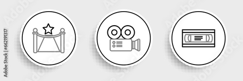 Set line VHS video cassette tape, Carpet with barriers and star and Cinema camera icon. Vector