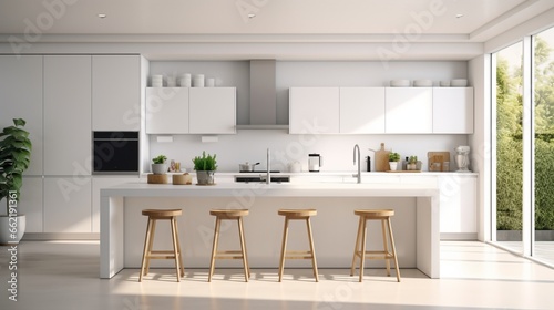 Generate an HD photo of a contemporary white-themed kitchen space, featuring a well-organized layout and stylish design elements. generated by AI © herry