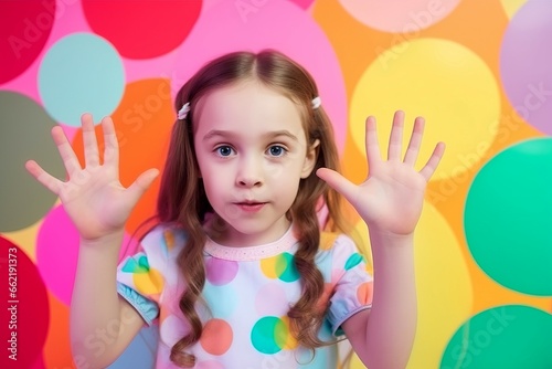 Little girl in colorful dress. Child with hands up on multicolored wall. Generate ai
