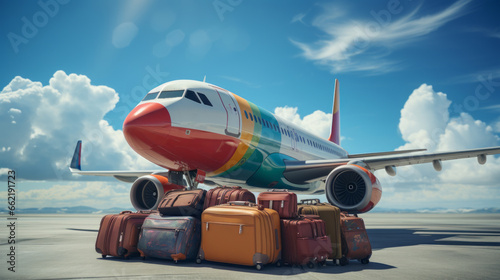 Suitcase in front of the plane at the airport, vacation, relocation, traveler suitcases in airport terminal waiting area, Suitcases in airport.Travel concept, summer vacation concept