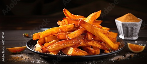 Orange sweet potato fries seasoned with salt and pepper made at home With copyspace for text