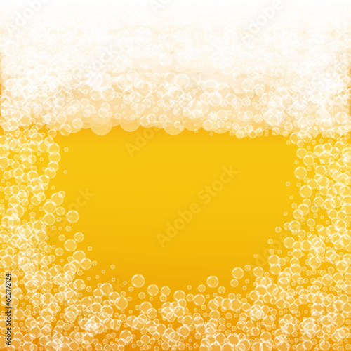 Splash beer. Background for craft lager. Oktoberfest foam. Hipster pint of ale with realistic bubbles. Cool liquid drink for bar. Orange menu concept. Golden cup for beer background.