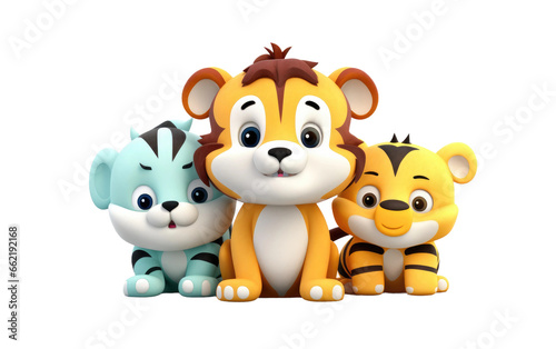 Standing Colorful Tiger Bear Seahorse Butterfly 3D Cartoon Animals Isolated on Transparent Background PNG.