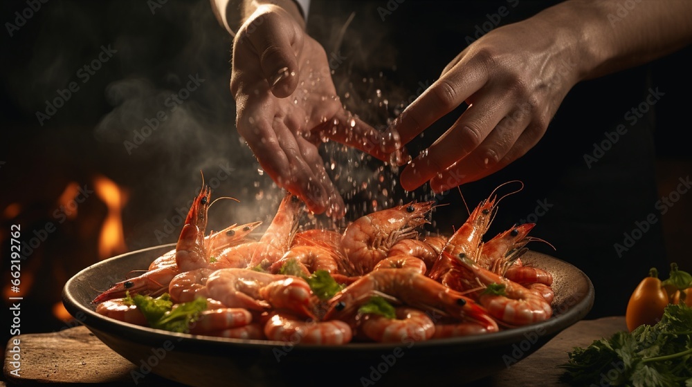 A close-up shot capturing the hands of a skilled cook as they season a dish of plump, juicy shrimps and fresh sprig beans, with the dark background emphasizing the culinary precision - obrazy, fototapety, plakaty 
