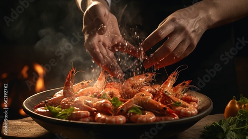 A close-up shot capturing the hands of a skilled cook as they season a dish of plump, juicy shrimps and fresh sprig beans, with the dark background emphasizing the culinary precision