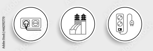 Set line Electric extension cord, Electrical outlet and Nuclear power plant icon. Vector