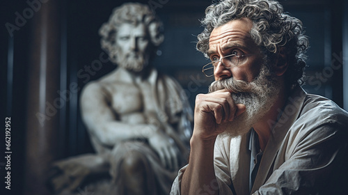 A philosopher's thoughtful expression, philosophy, blurred background