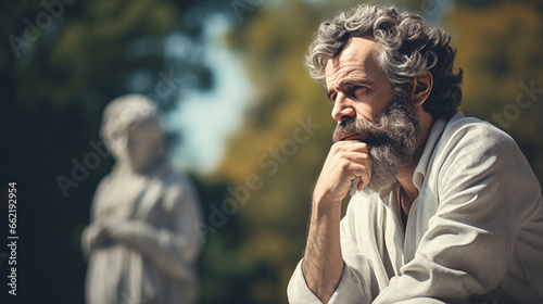 A philosopher's thoughtful expression, philosophy, blurred background photo