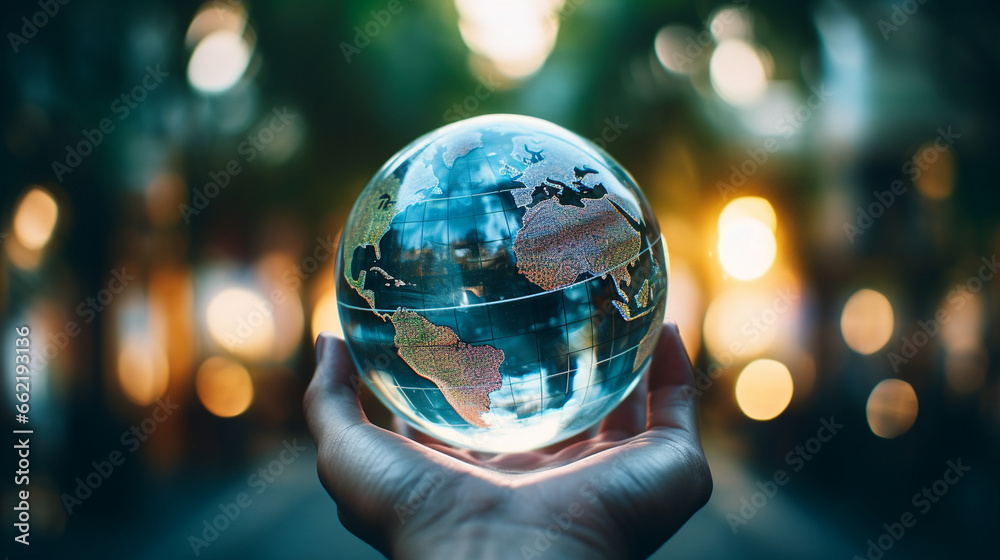 Fototapeta premium Hands holding a globe, symbolizing global philosophy, philosophy, blurred background