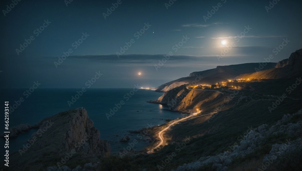 A view of coast and river at night