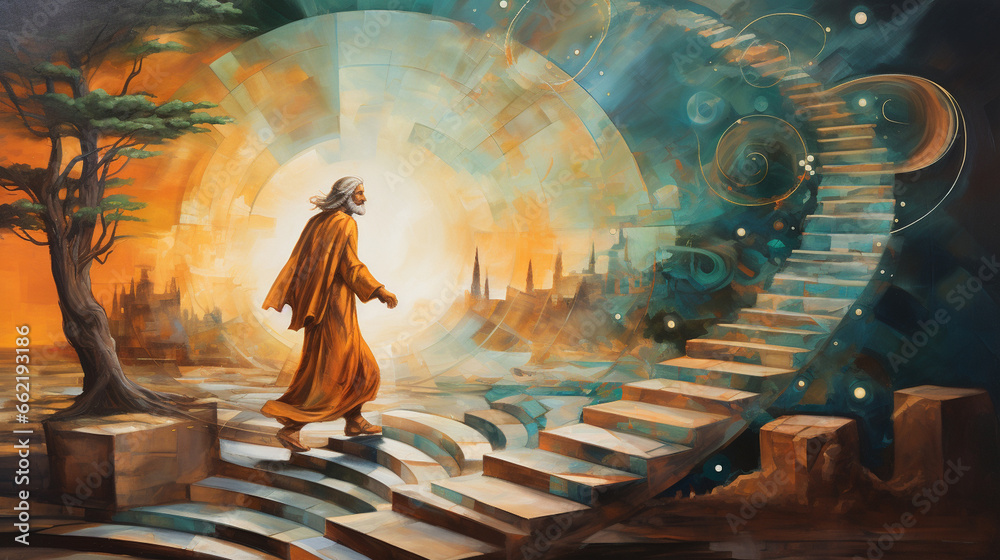 The philosopher's journey depicted in art, philosophy, blurred background