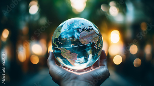Hands holding a globe, symbolizing global philosophy, philosophy, blurred background