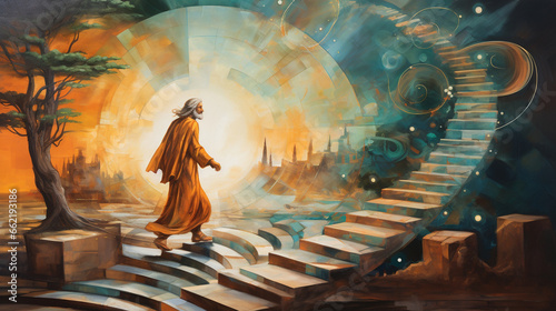 The philosopher's journey depicted in art, philosophy, blurred background