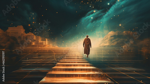 The philosopher's journey depicted in art, philosophy, blurred background photo
