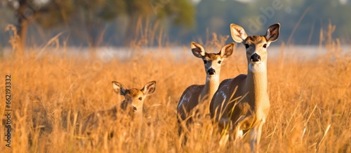 Pair of Ozotoceros bezoarticus in grassy woodland habitat Pantanal Brazil With copyspace for text photo