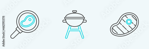 Set line Steak meat, in frying pan and Barbecue grill icon. Vector