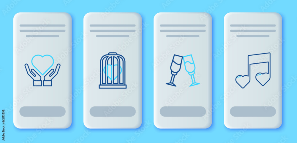 Set line Heart in the bird cage, Glass of champagne, on hand and Music note, tone with hearts icon. Vector Set line Heart in the bird cage, Glass of champagne, on hand and Music note, tone with hearts icon. Vector