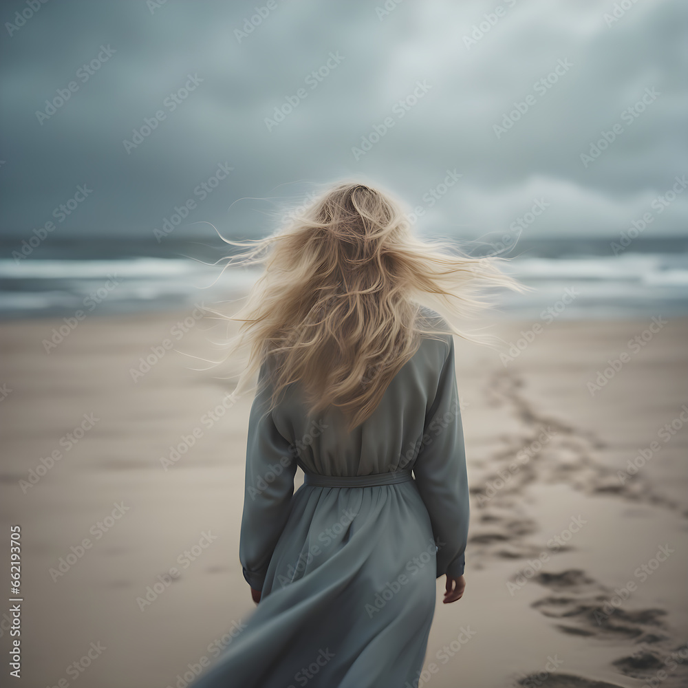 Moody composition with rear view of blonde woman walking on beach in windy day Generative AI Moody composition with rear view of blonde woman walking on beach in windy day Generative AI