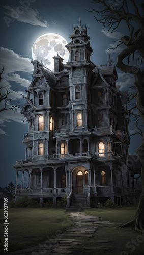 a haunted house with a full moon in the background