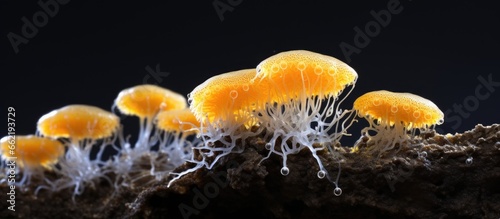 Physarum slime molds or myxomycetes form unique structures resembling striped stone These organisms collect from microscopic amoebae With copyspace for text photo
