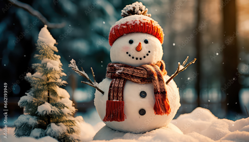 Obraz premium Snowman in a winter Christmas scene with snow, pine trees and warm light. Generative AI