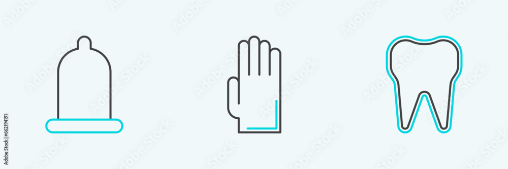 Set line Tooth, Condom and Rubber gloves icon. Vector Set line Tooth, Condom and Rubber gloves icon. Vector