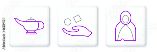 Set line Mantle, cloak, cape, Magic lamp or Aladdin and Cube levitating above hand icon. Vector
