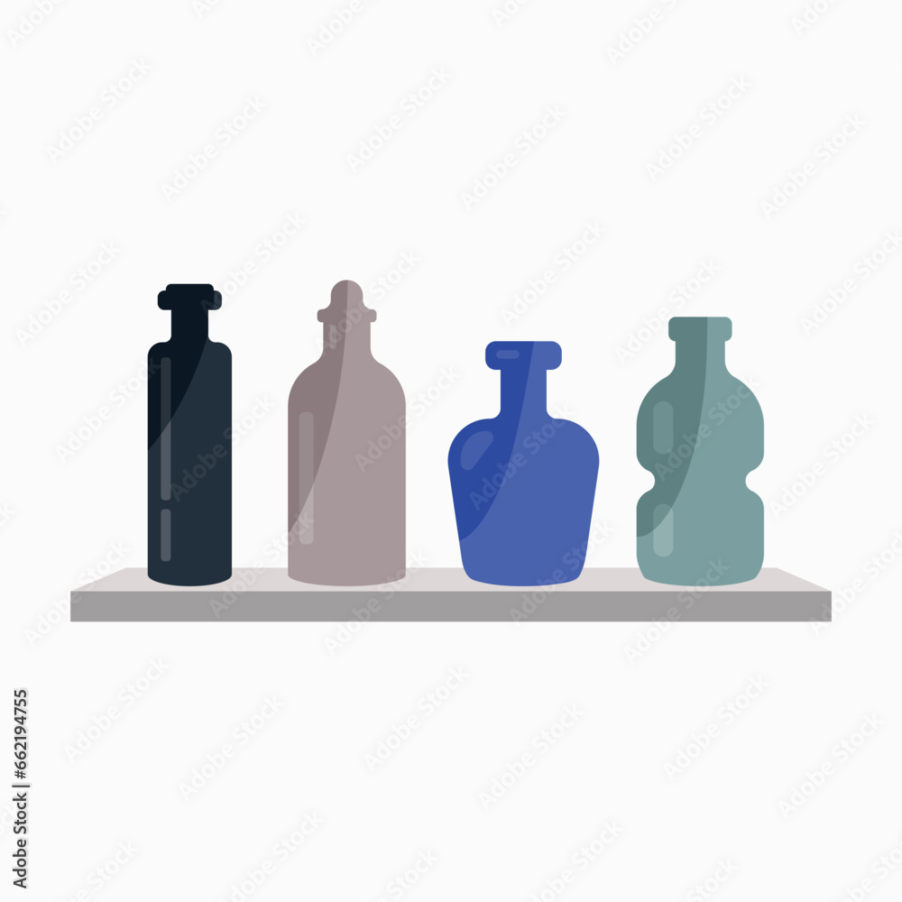 set of bottles on a wall shelf on a white background set of bottles on a wall shelf on a white background