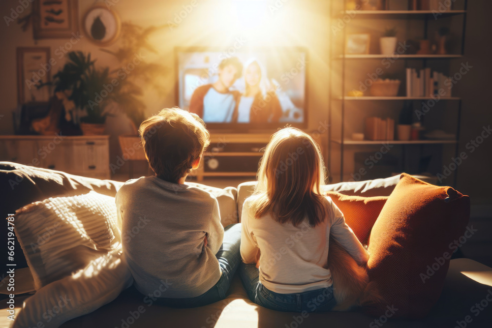 deux jeunes enfants vue de dos en train de regarder une programme à la télévision dans leur chambre sur grand écran - obrazy, fototapety, plakaty 