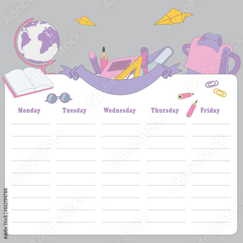 Cute weekly planner, Kids schedule of classes. Timetable design.