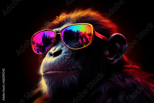 cute monkey wearing glasses combination of neon lights, black background, 3d rendering ,AI generative  © Salawati