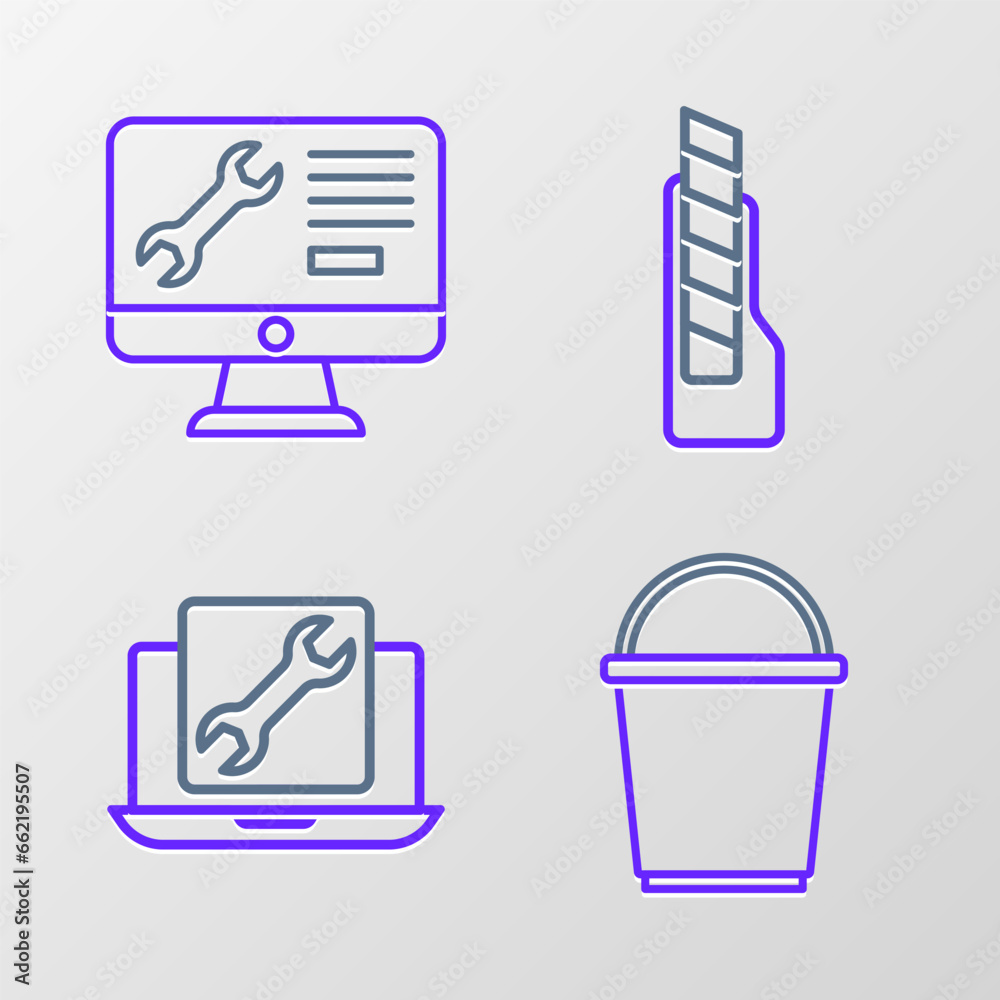 Set line Bucket, Laptop service, Stationery knife and Computer monitor icon. Vector Set line Bucket, Laptop service, Stationery knife and Computer monitor icon. Vector