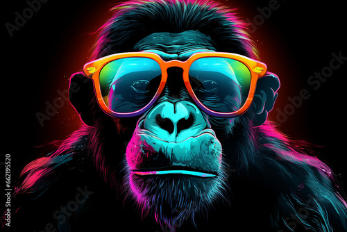 cute monkey wearing glasses combination of neon lights, black background, 3d rendering ,AI generative  © Salawati