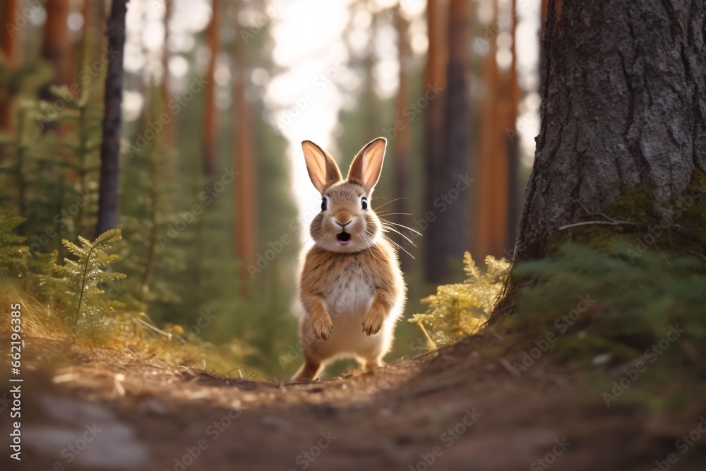 Fototapeta premium Rabbit runs along a path in the forest. Cute little rabbit in the forest. Easter bunny in the forest. Rabbit walk along a path in the forest.