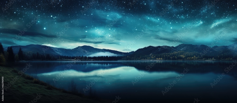 Nighttime landscape with stars near a lake With copyspace for text
