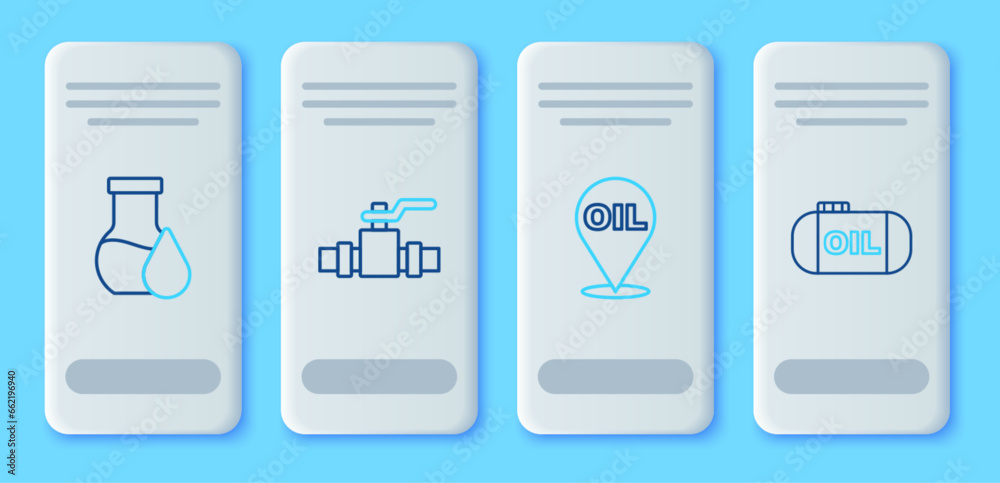 Set line Metallic pipes and valve, Refill petrol fuel location, Oil test tube and tank storage icon. Vector