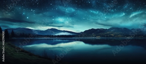 Nighttime landscape with stars near a lake With copyspace for text