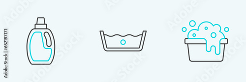 Set line Basin with soap suds, Bottle for cleaning agent and Temperature wash icon. Vector