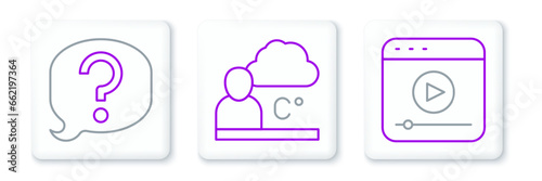 Set line Live stream, Speech bubble chat and Weather forecast icon. Vector