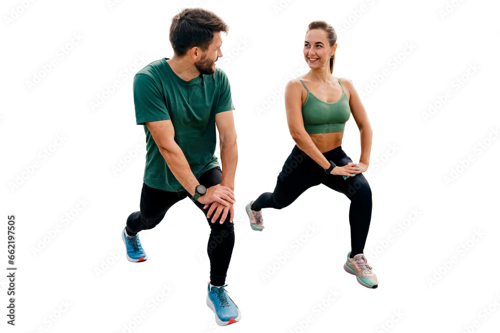 A woman and a man are friends running together. Sports people train together. A young couple of two people leads an active lifestyle in sportswear. Transparent background.